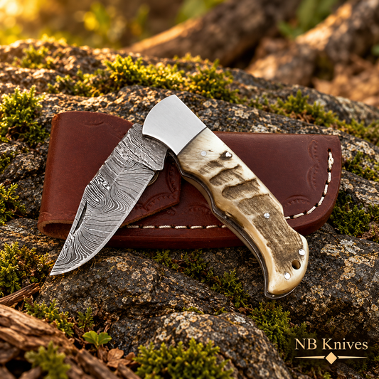 Twist Damascus Folding Knife with Ram Horn Handle & Vine Filework