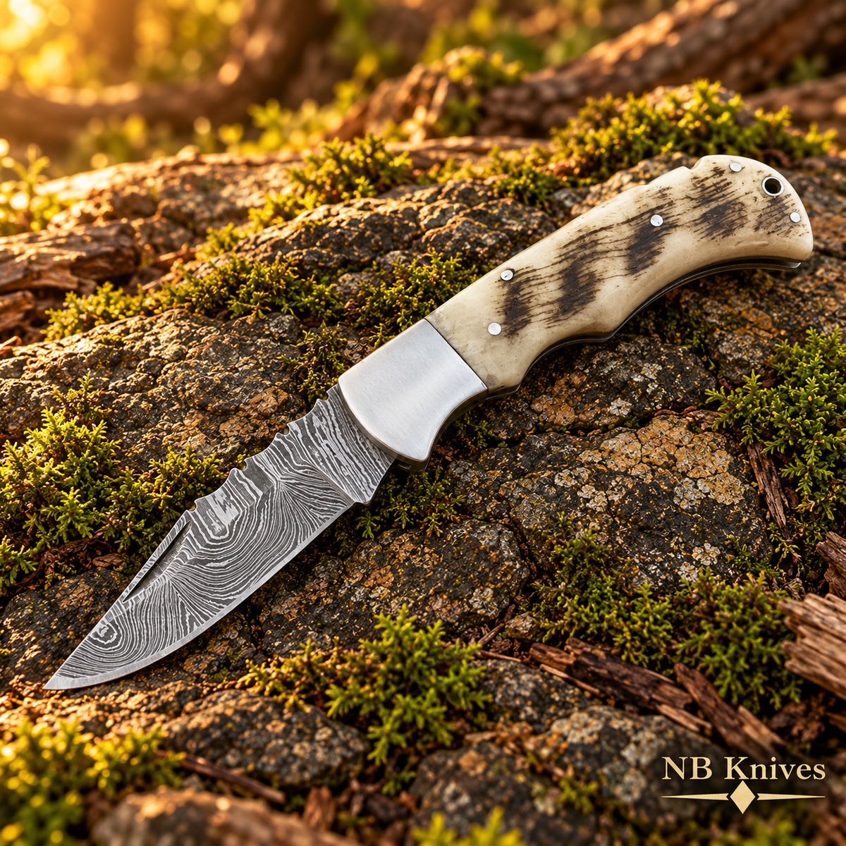 Twist Damascus Folding Knife with Ram Horn Handle & Vine Filework