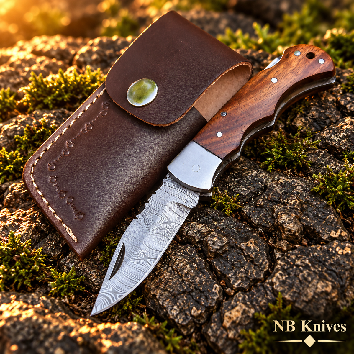 Twist Damascus Folding Knife with Rosewood Handle