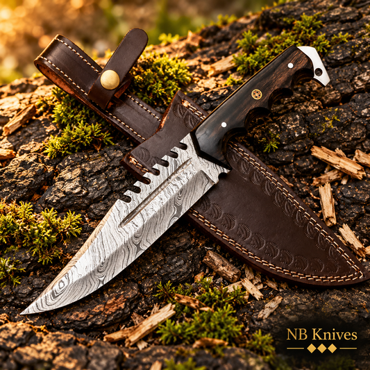 Hand-Forged Twist Damascus Hunting Knife with Dark Wood Handle & Leather Sheath