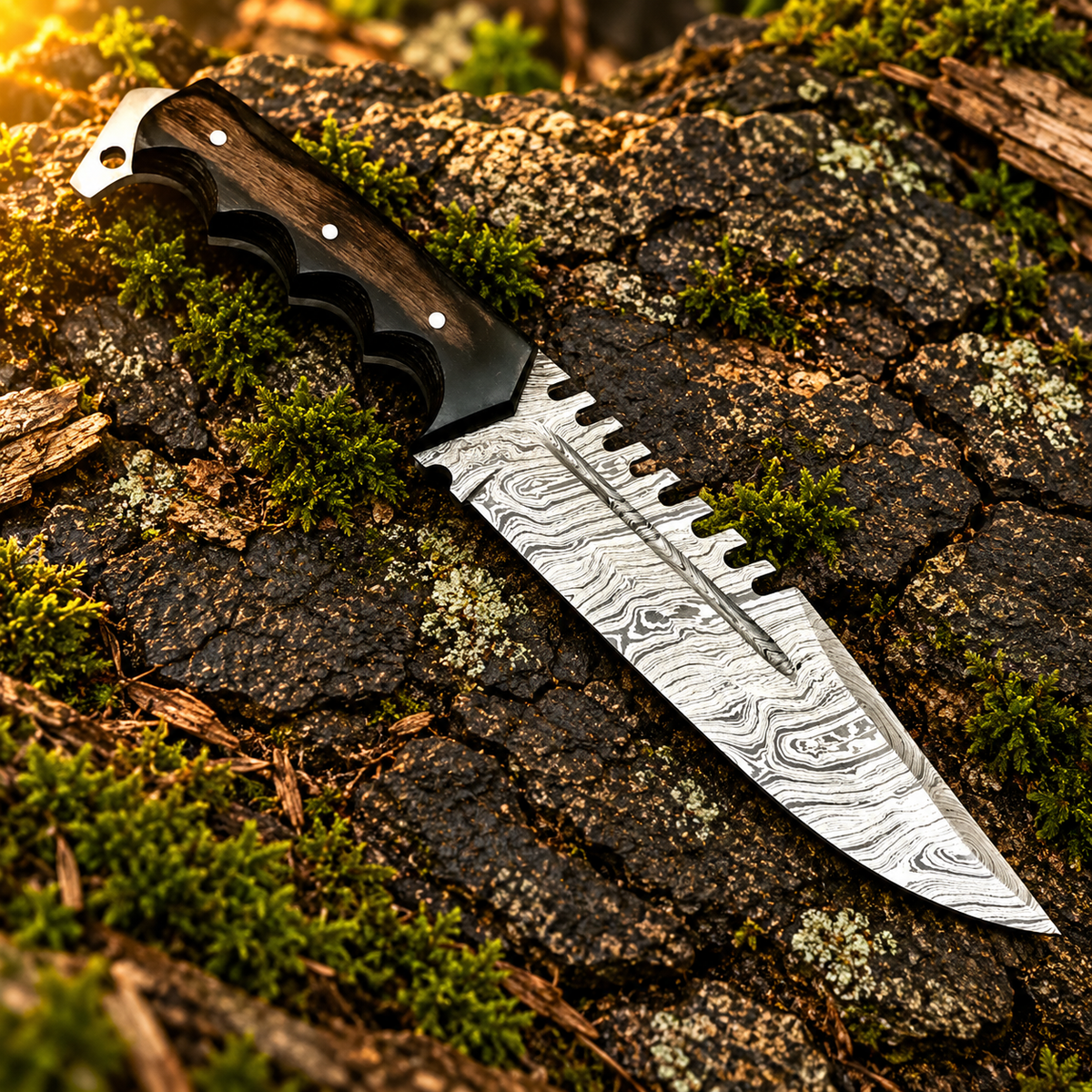 Hand-Forged Twist Damascus Hunting Knife with Dark Wood Handle & Leather Sheath
