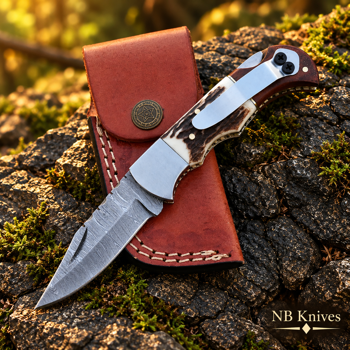 Twist Damascus Pocket Folding Knife with Stag & Wood Handle and Pocket Clip
