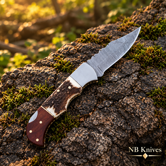 Twist Damascus Pocket Folding Knife with Stag & Wood Handle and Pocket Clip