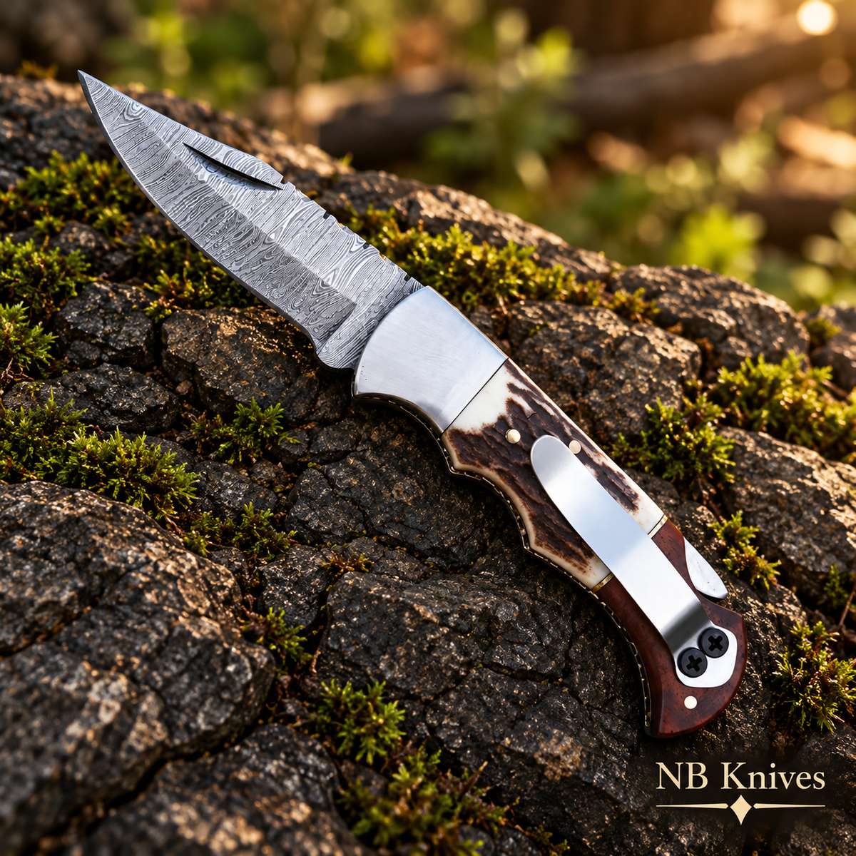 Twist Damascus Pocket Folding Knife with Stag & Wood Handle and Pocket Clip