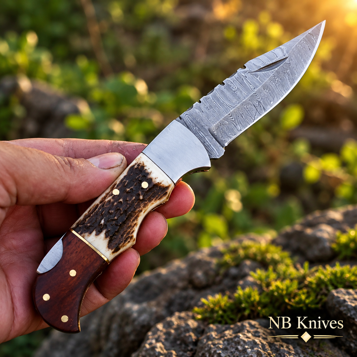 Twist Damascus Pocket Folding Knife with Stag & Wood Handle and Pocket Clip