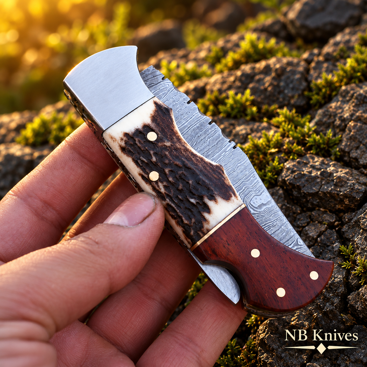 Twist Damascus Pocket Folding Knife with Stag & Wood Handle and Pocket Clip