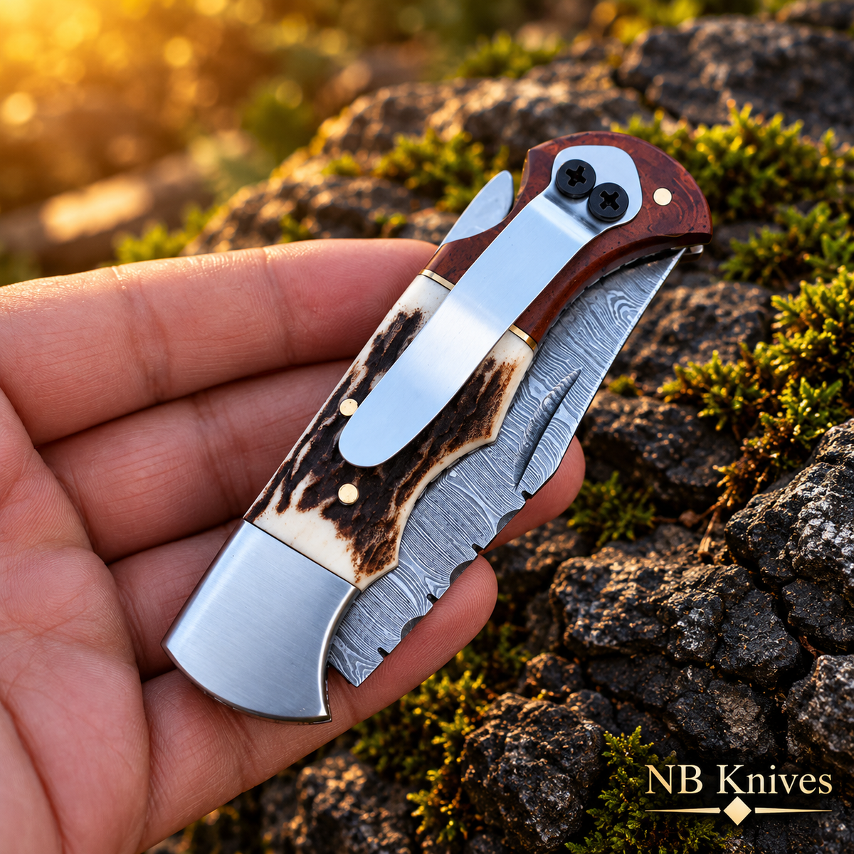 Twist Damascus Pocket Folding Knife with Stag & Wood Handle and Pocket Clip