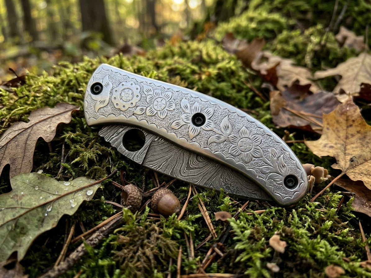Twist Damascus steel pocket knife with stainless steel engraved handle
