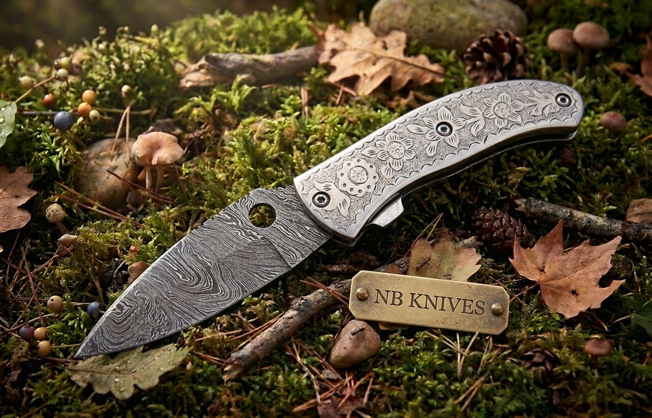 Twist pattern Damascus pocket knife with engraved stainless steel handle