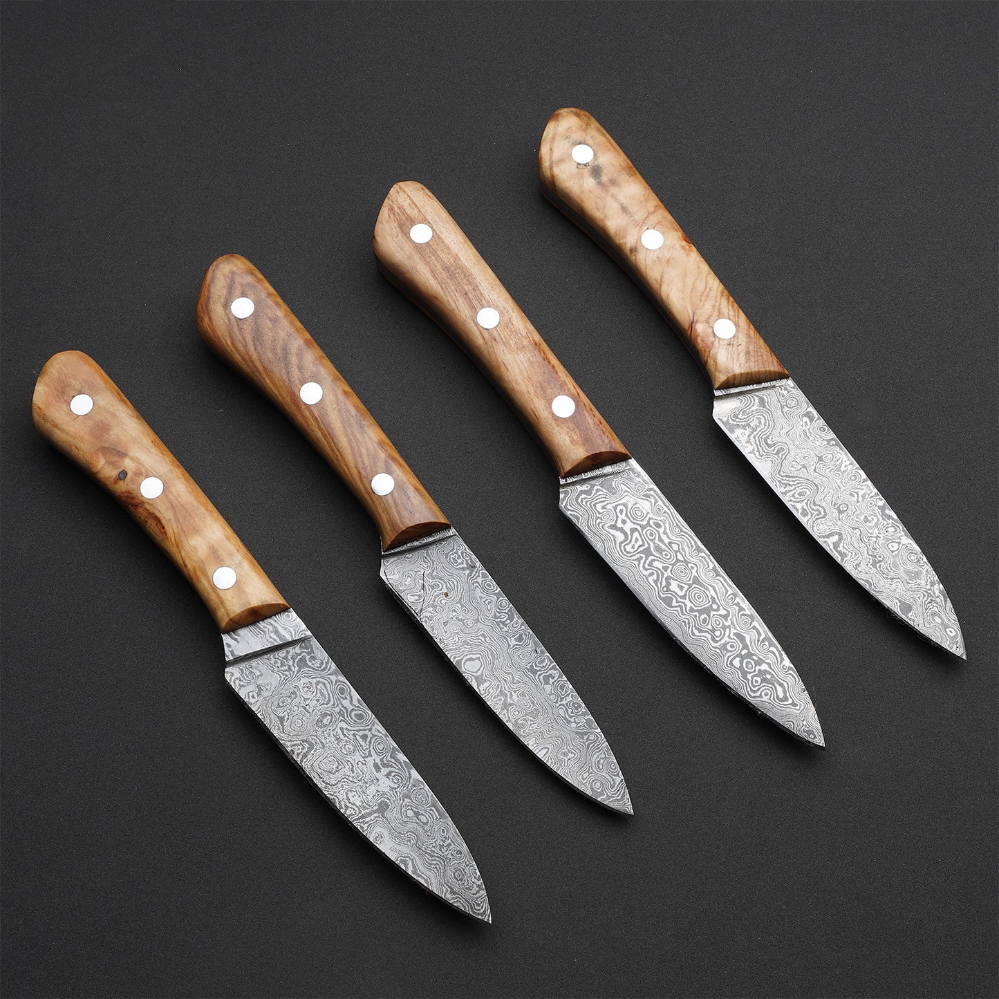 Custom Handmade Damascus Steel 4 Pcs Steak Knives Handle Olive Wood With Leather Kit Premium Steak Knife Set for Gourmet Dining