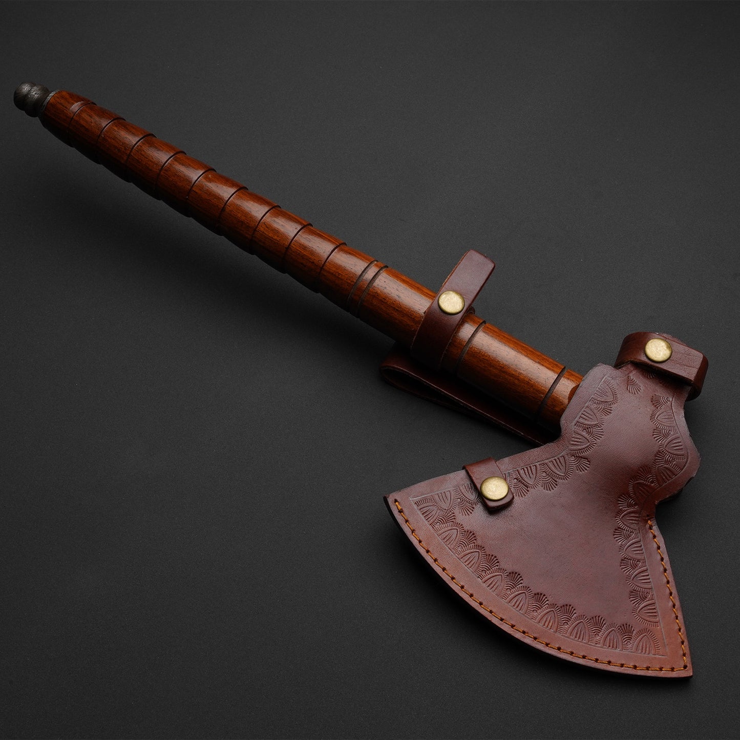 Custom Handmade Damascus Steel Smooking Axe Handle Rosewood With Beautiful Leather Sheath