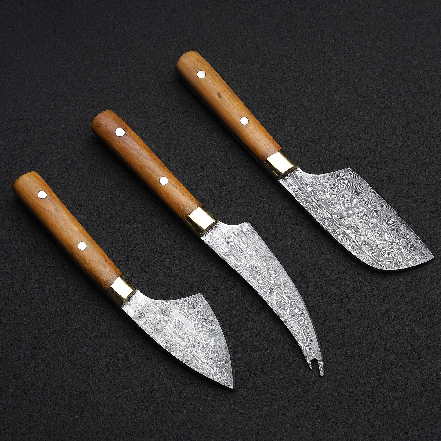 |NB KNIVES| Custom Handmade Cheese Serving Set/ Set Of 3 Pcs Handle Olive Wood