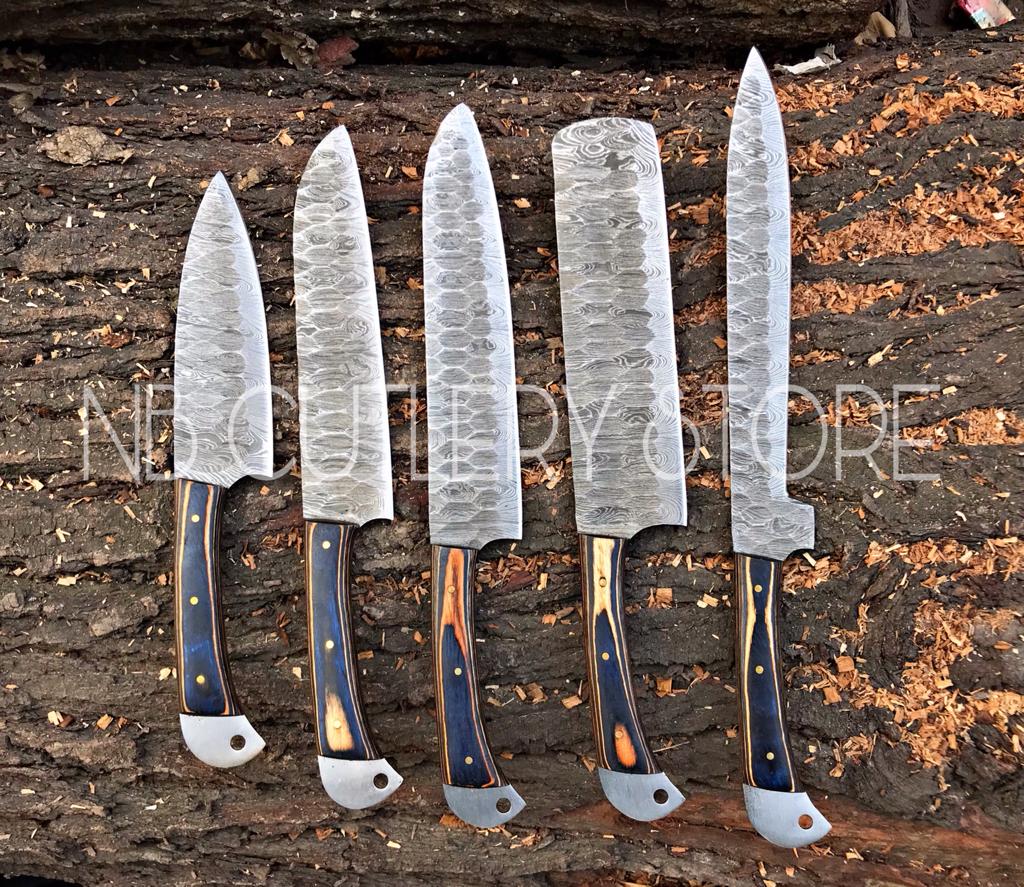 Custom Handmade Damascus Steel 5 Pcs Chef Set Handle Hardwood With Leather Roll Kit