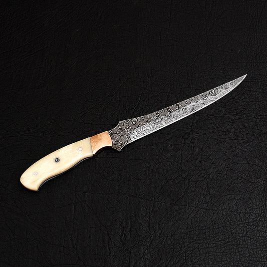 Damascus Steel Fillet Knife with Cow Bone Handle & Brass Bolster