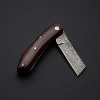 Custom Handmade Damascus Steel Pocket Knife Handle Hardwood With Leather Sheath Adventure-ready Folding Blade