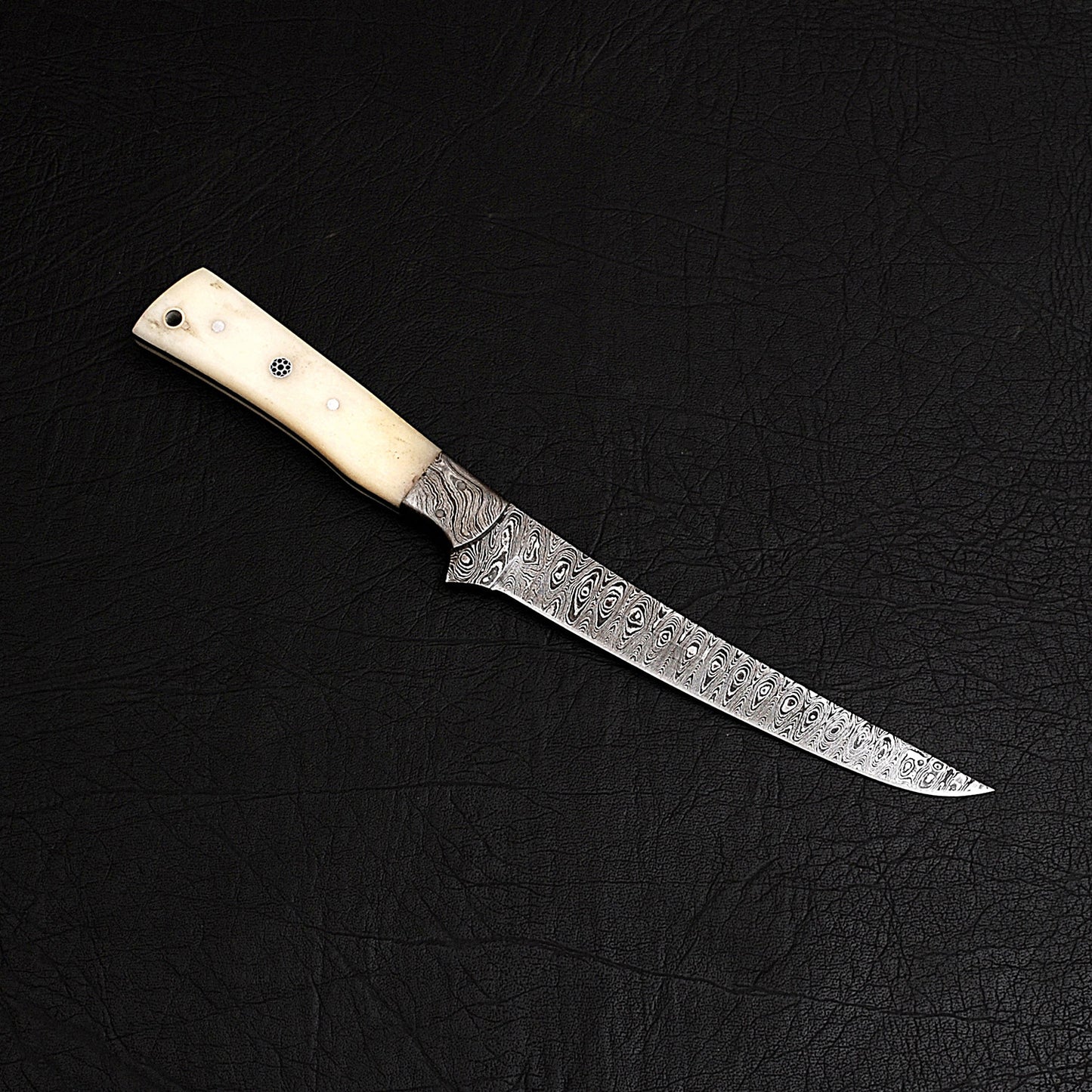 Custom Handmade Damascus Steel Bone Handle Fishing Fillet Knife With Leather Sheath Cutting-Edge Fillet Knife: Craftsmanship Meets Functionality for Perfect Cuts