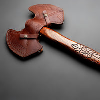 Custom Handmade Damascus Steel Double Edge Axe Handle Rosewood With Beautiful Leather Sheath