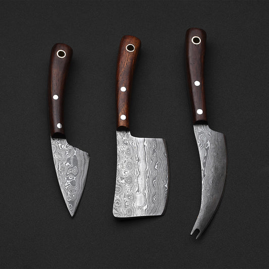 Custom Handmade Damascus Steel 3-Piece Cheese Knife Set with Rosewood Handles & Leather Roll Kit