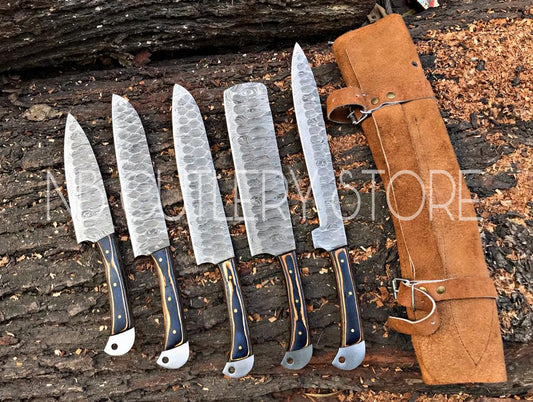 Custom Handmade Damascus Steel 5 Pcs Chef Set Handle Hardwood With Leather Roll Kit