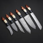 Custom Handmade Damascus Steel 6 Pcs Chef Set Handle Cow Bone/Black Horn/Hardwood With Leather Roll Kit Premium Kitchen Chef Knife Set for Gourmet Cooking