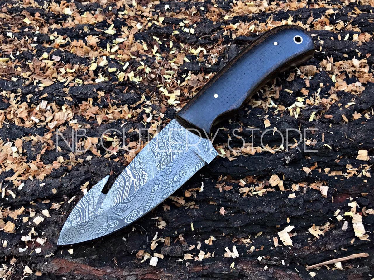 Damascus Steel Gut Hook Knife – Micarta Grip with Leather Sheath