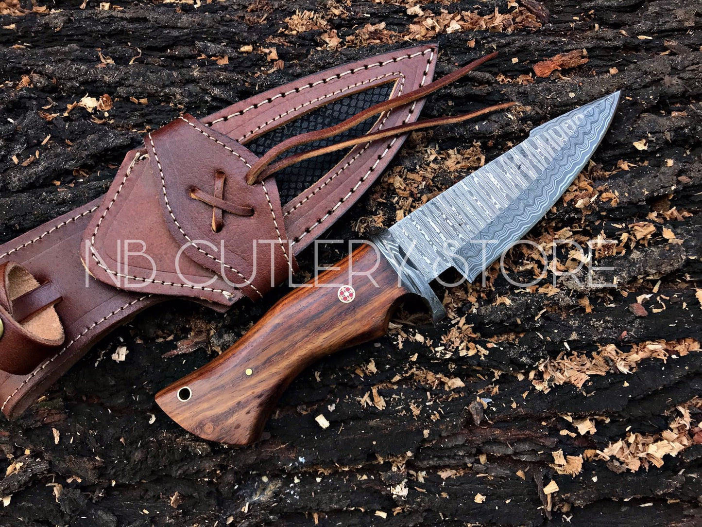 CUSTOM HANDMADE DAMASCUS STEEL BIGCAT ROAR KNIFE HANDLE WALNUT WOOD WITH BEAUTIFUL LEATHER SHEATH