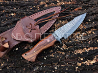 Custom Handmade Damascus Steel Hunting Knife Handle Rosewood/Damascus Steel Guard With Beautiful Leather Sheath