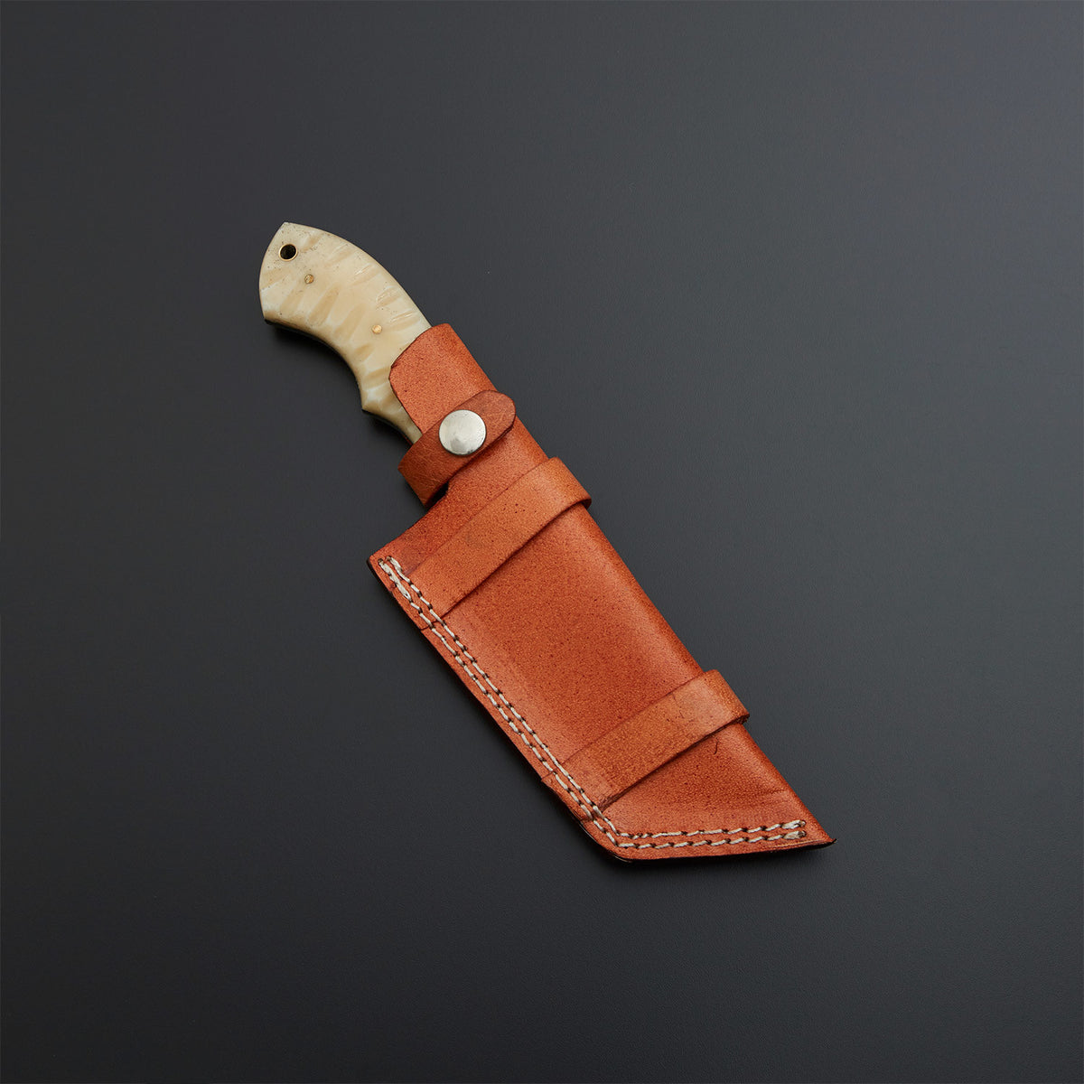 custom handmade Damascus steel tracker knife Handle Cow Bone With Leather sheath