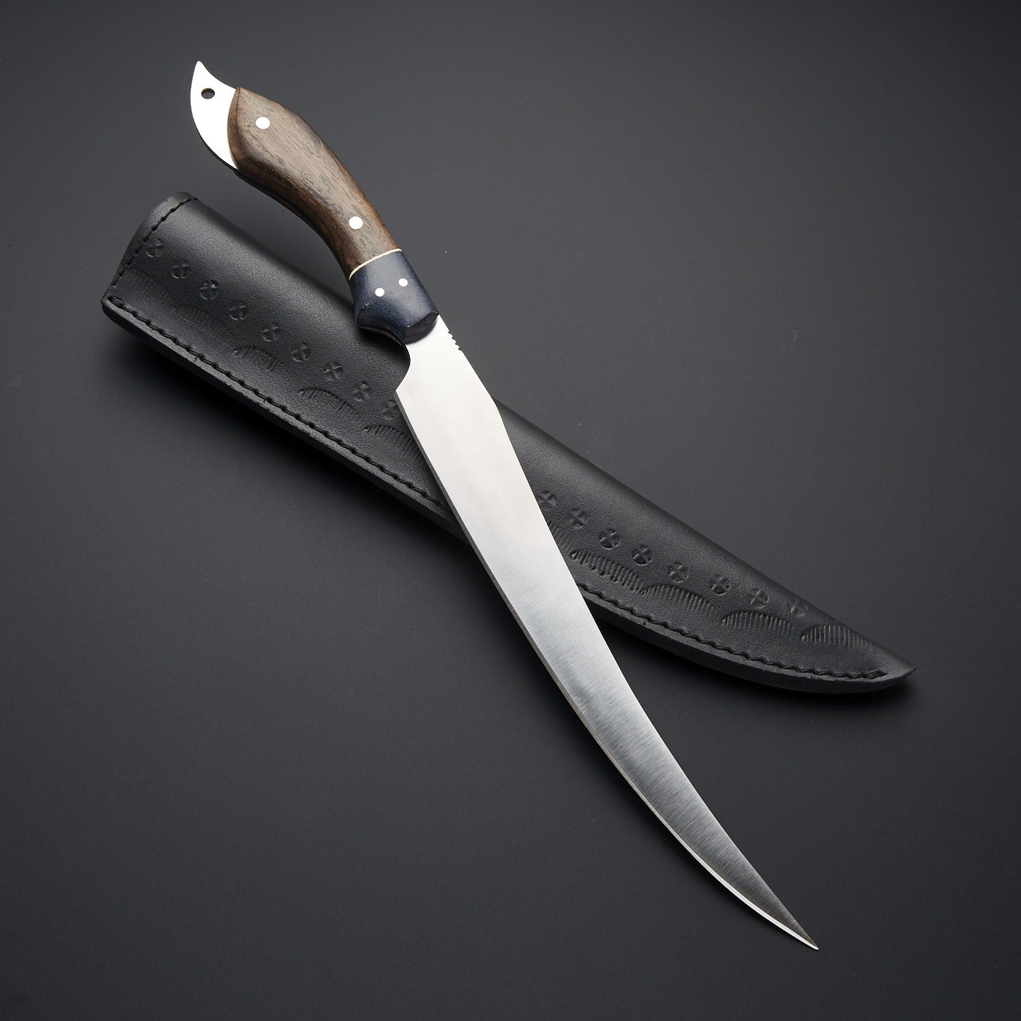 Custom Handmade D2 Steel Fillet Knife Handle Rose Wood/Black Micarta Bolster With Leather Sheath Craftsmanship Meets Functionality for Perfect Cuts