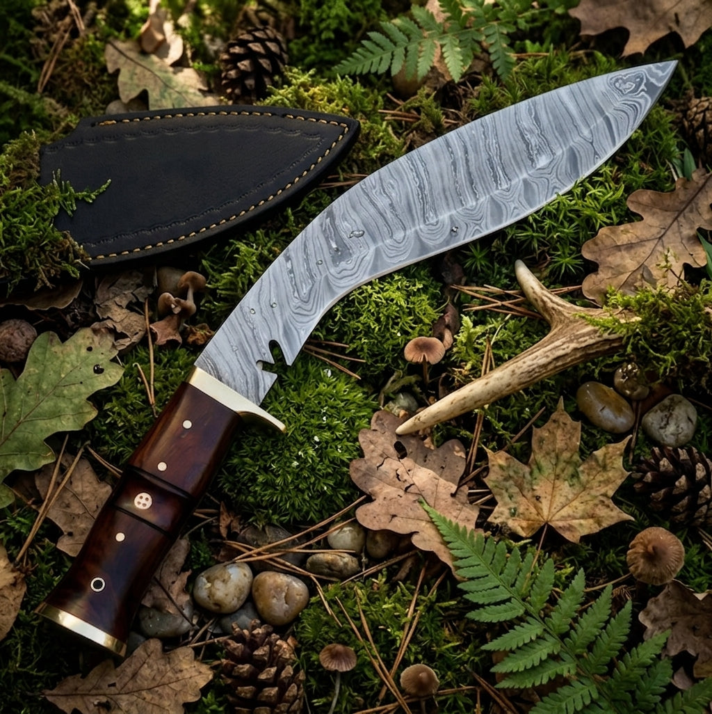 Damascus steel kukri knife blade with leather sheath in forest setting