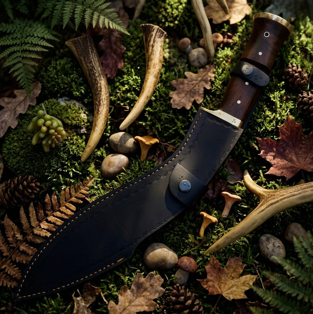 Damascus steel kukri knife in black leather sheath with brass hardware
