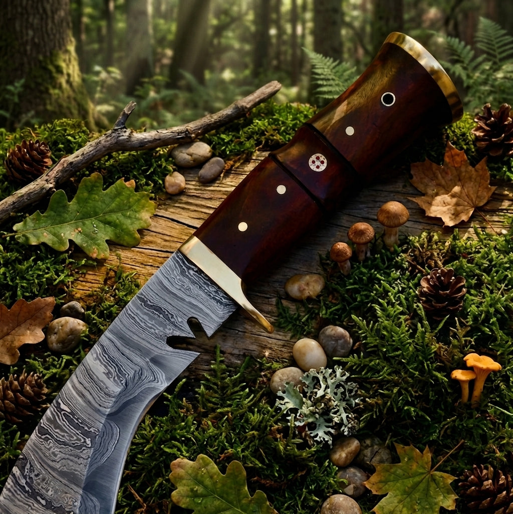 Rosewood handle with brass pins on Damascus steel kukri knife