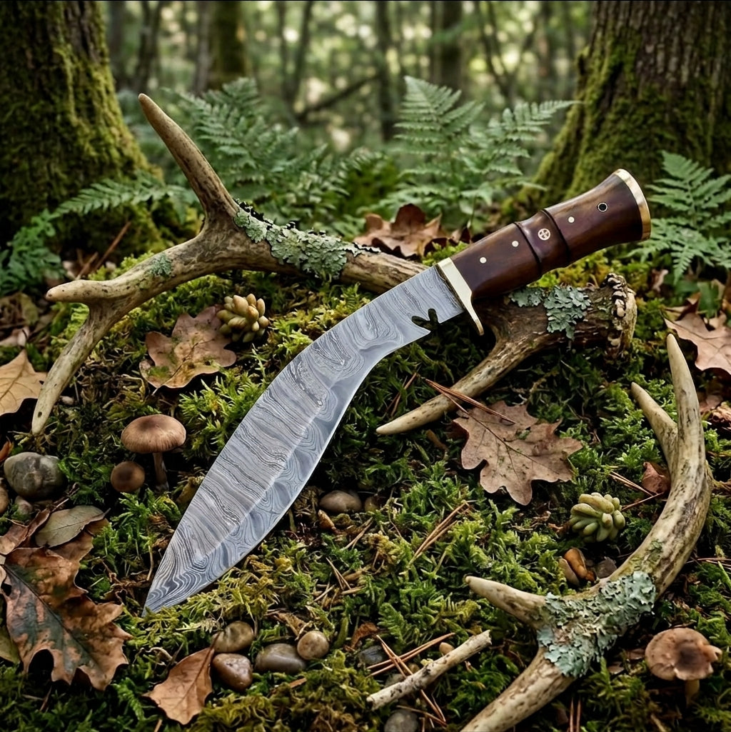 "Handmade Damascus steel kukri knife with wooden handle in forest setting"