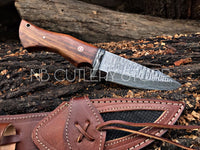 CUSTOM HANDMADE DAMASCUS STEEL BIGCAT ROAR KNIFE HANDLE WALNUT WOOD WITH BEAUTIFUL LEATHER SHEATH