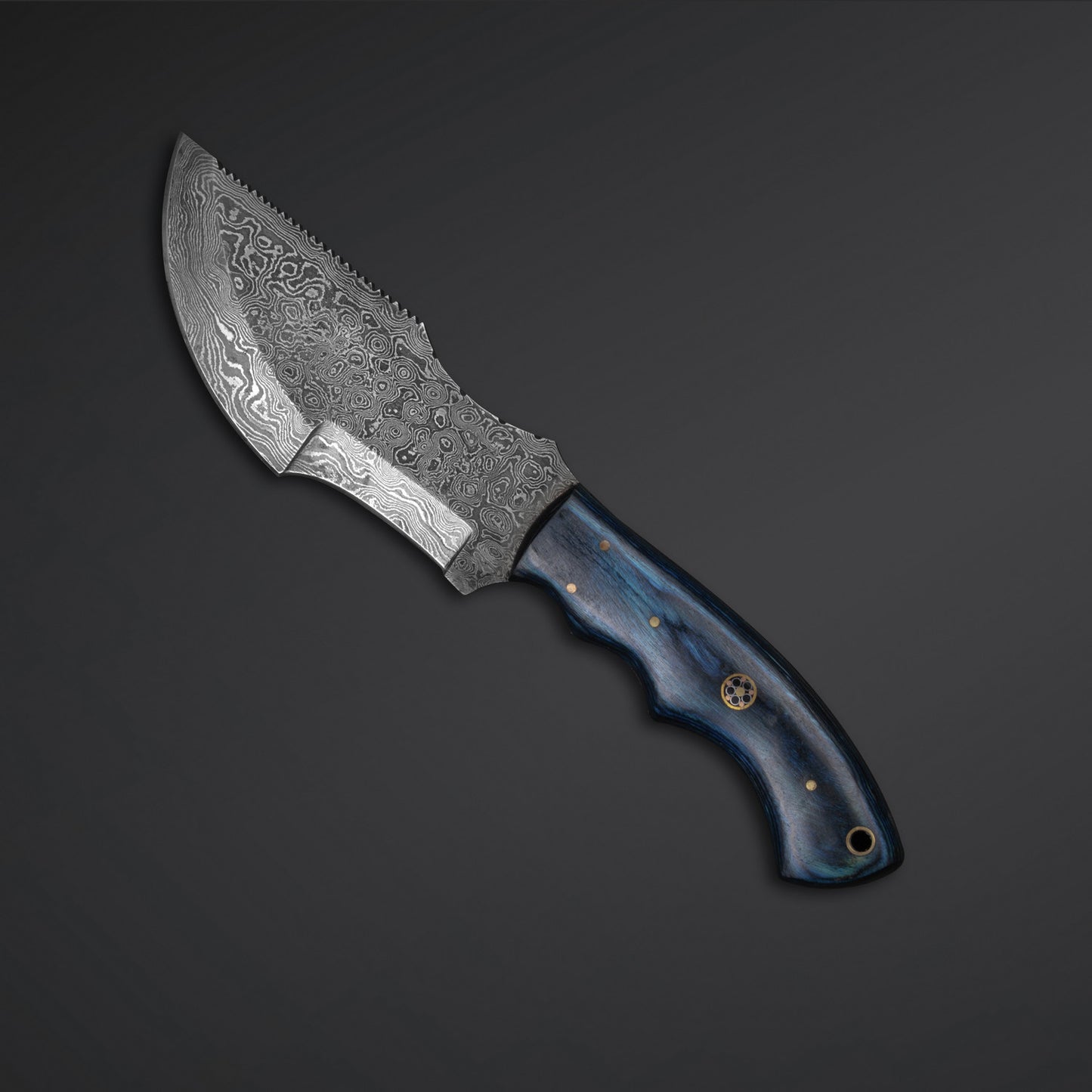 Beautiful Custom Handmade Damascus Steel Tracker Knife Handle Blue Dollar Sheet With Leather Sheath