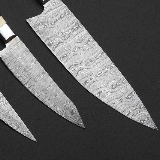 Custom Handmade Damascus Steel 3-Piece Chef Knife Set with Leather Roll Kit