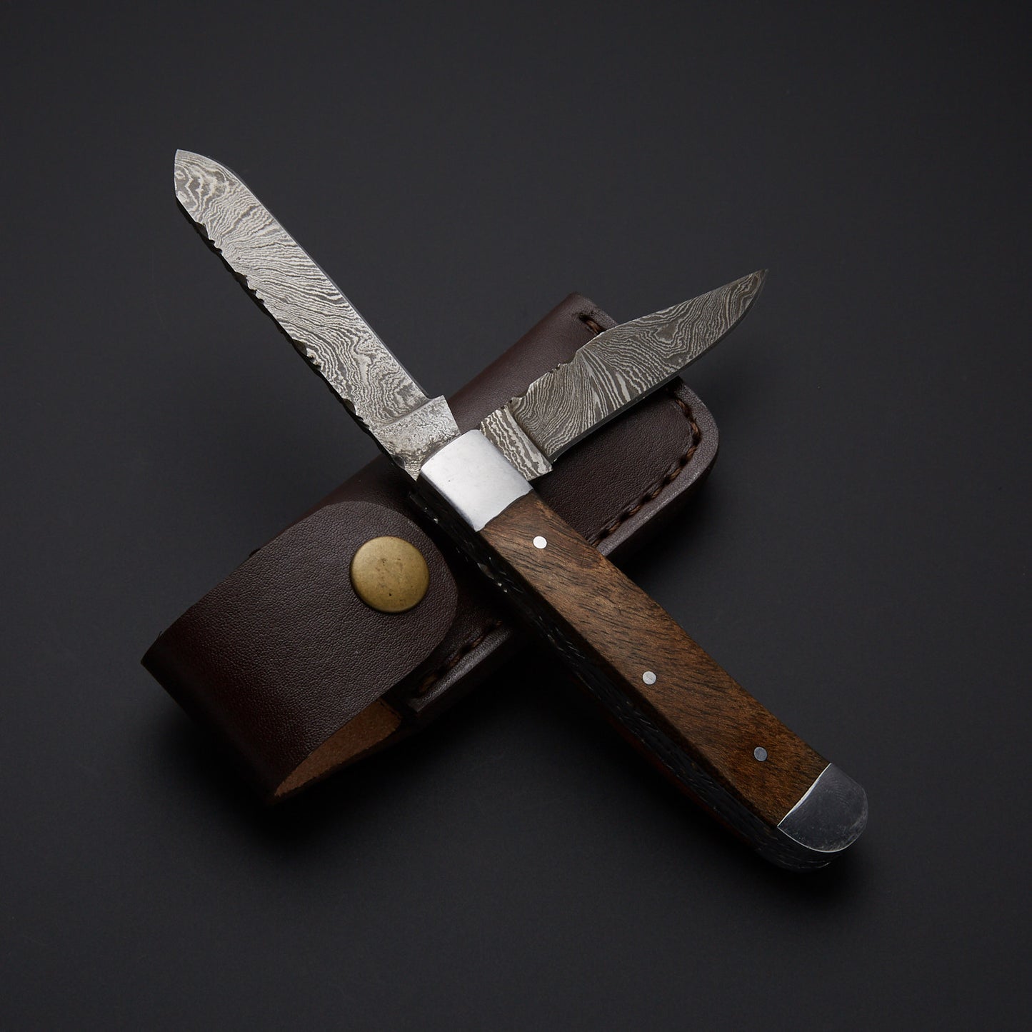 Custom Handmade Damascus Trapper Knife Handle Rosewood With Leather Sheath Bushcraft Trapper Blade Folding Hunting Knife