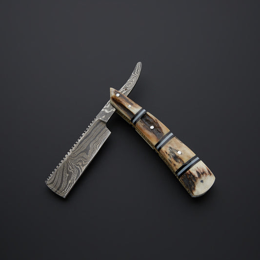 Custom Handmade Damascus Steel Stag Horn Razor With Leather Sheath Handcrafted Damascus Razor for the Discerning Gentleman