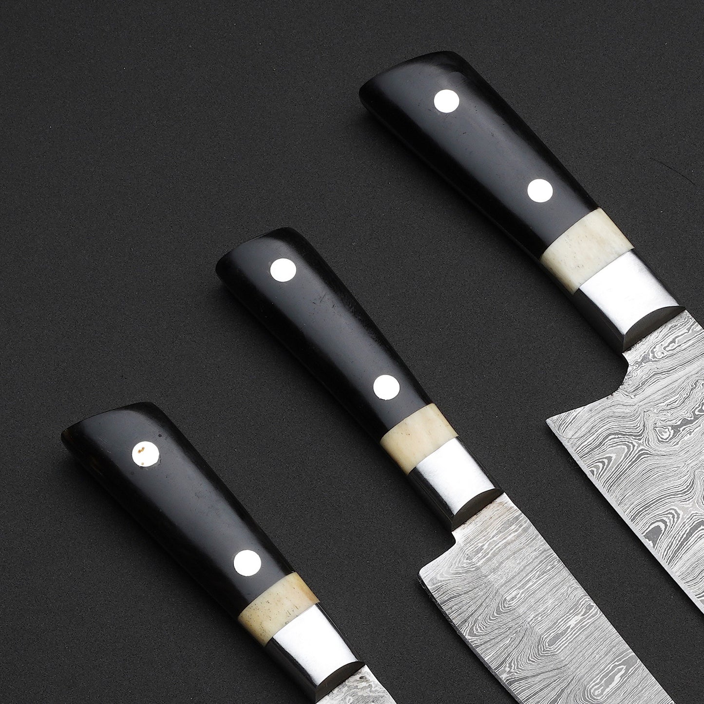 Damascus Steel 3 Pcs Chef Knife Set | Hardwood & Cow Bone | NB Knives