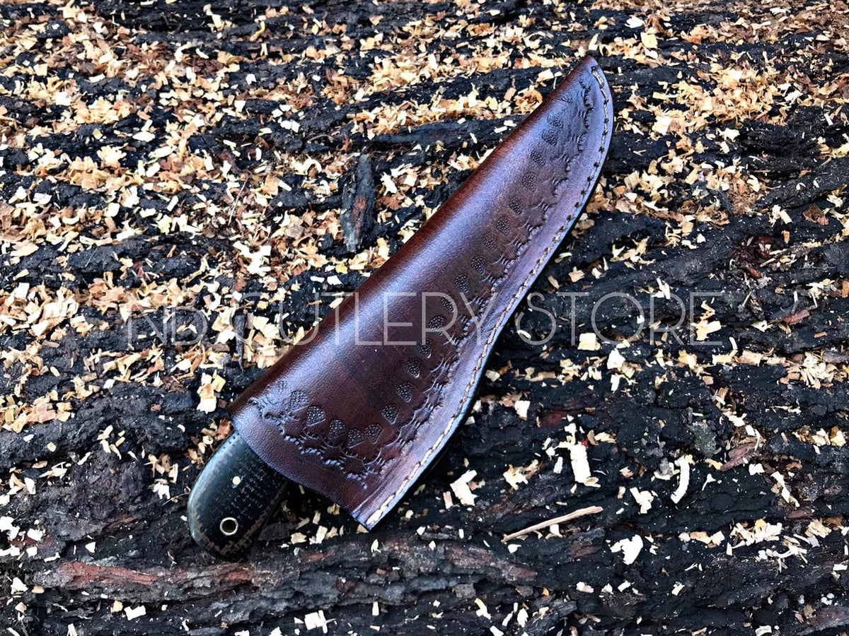 Damascus Steel Gut Hook Knife – Micarta Grip with Leather Sheath