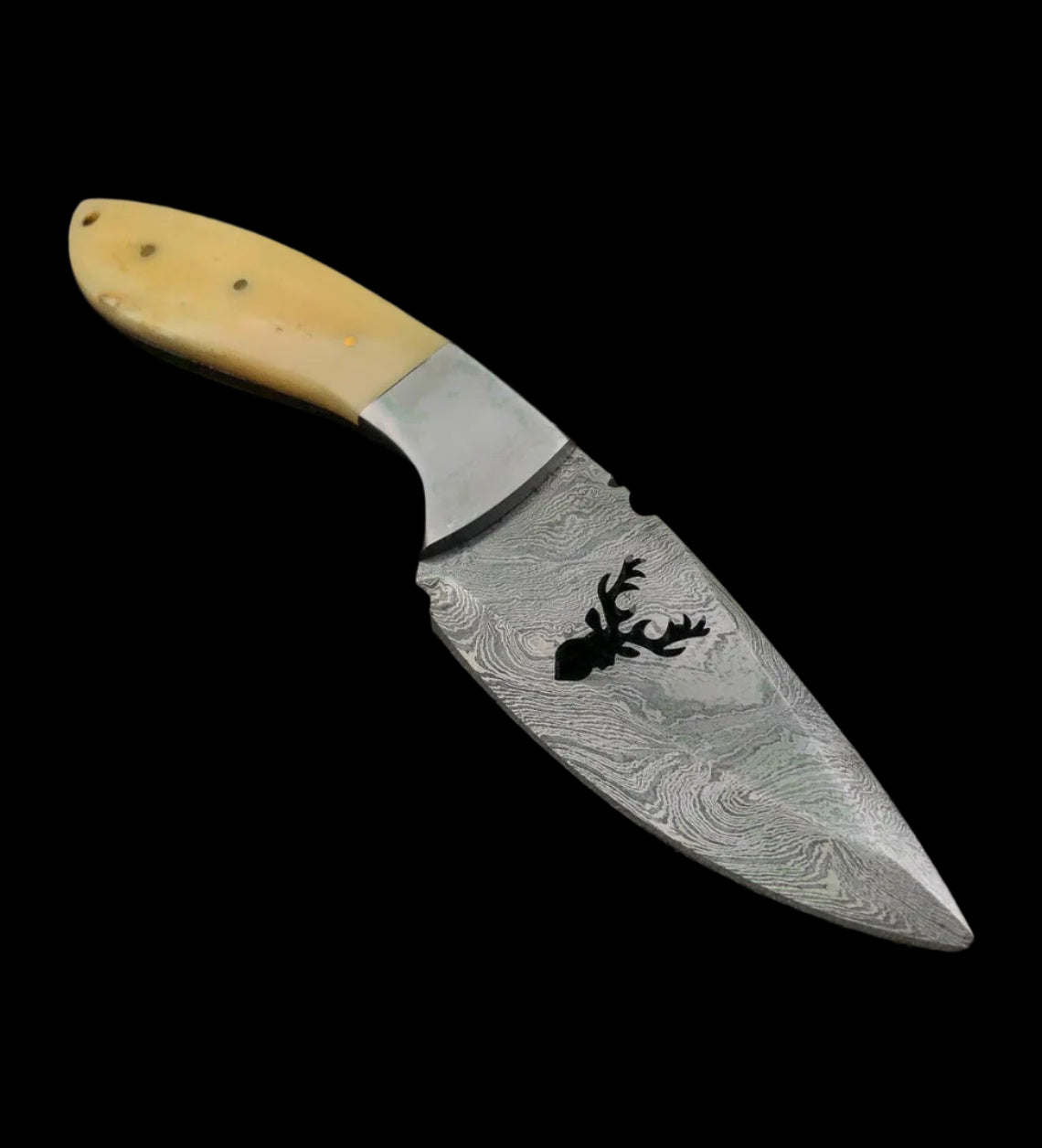 Hand-Forged Damascus Skinner Knife — Cow Bone Handle & Leather Sheath