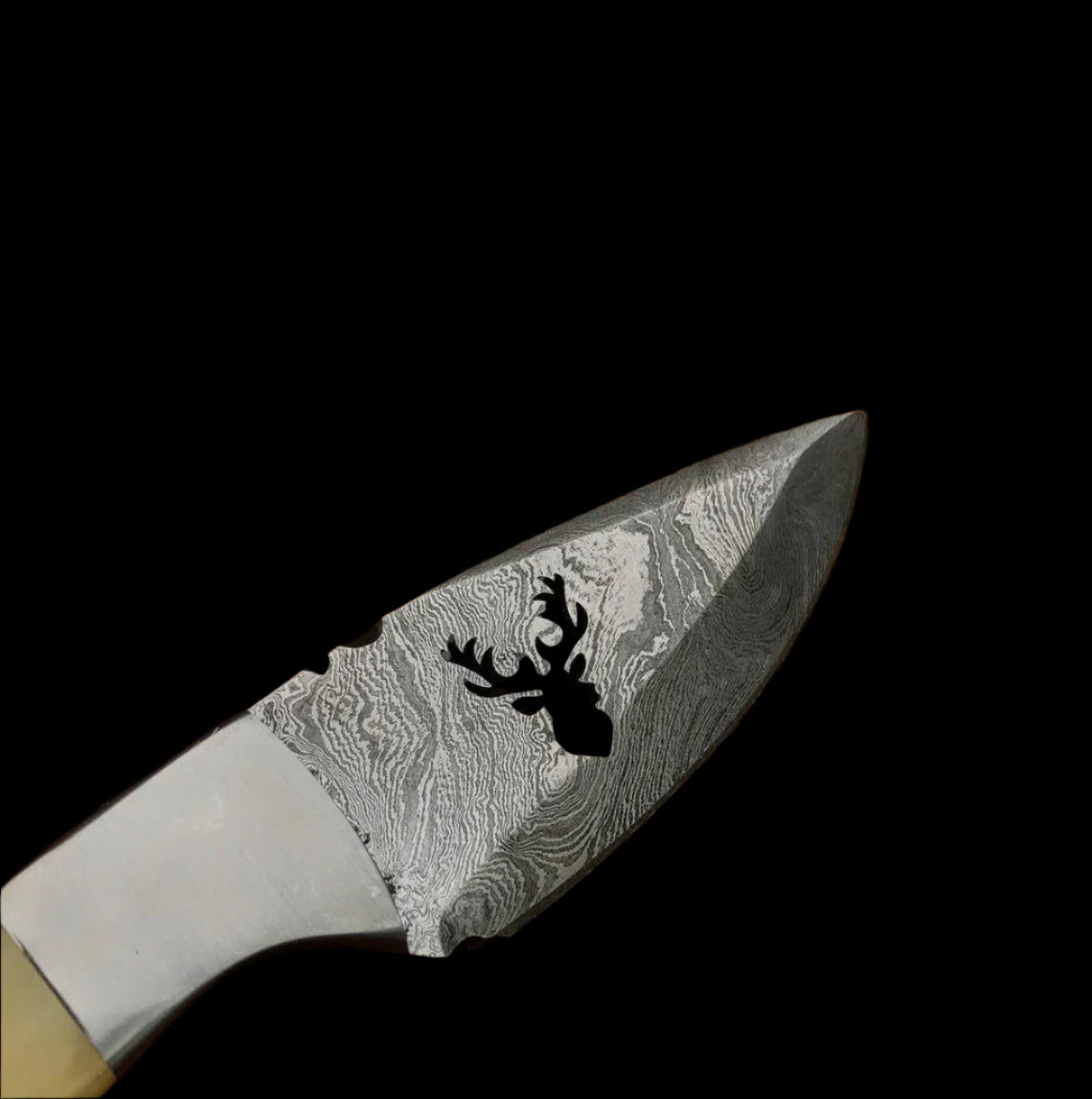 Hand-Forged Damascus Skinner Knife — Cow Bone Handle & Leather Sheath