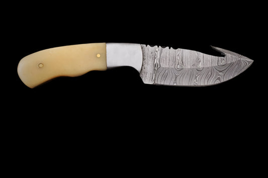 Custom Handmade Damascus Steel Guthook Skinner Knife with Cowbone Handle & Leather Sheath
