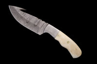 Custom Handmade Damascus Steel Guthook Skinner Knife Handle CowBone With Leather Sheath Bushcraft Hunting knives