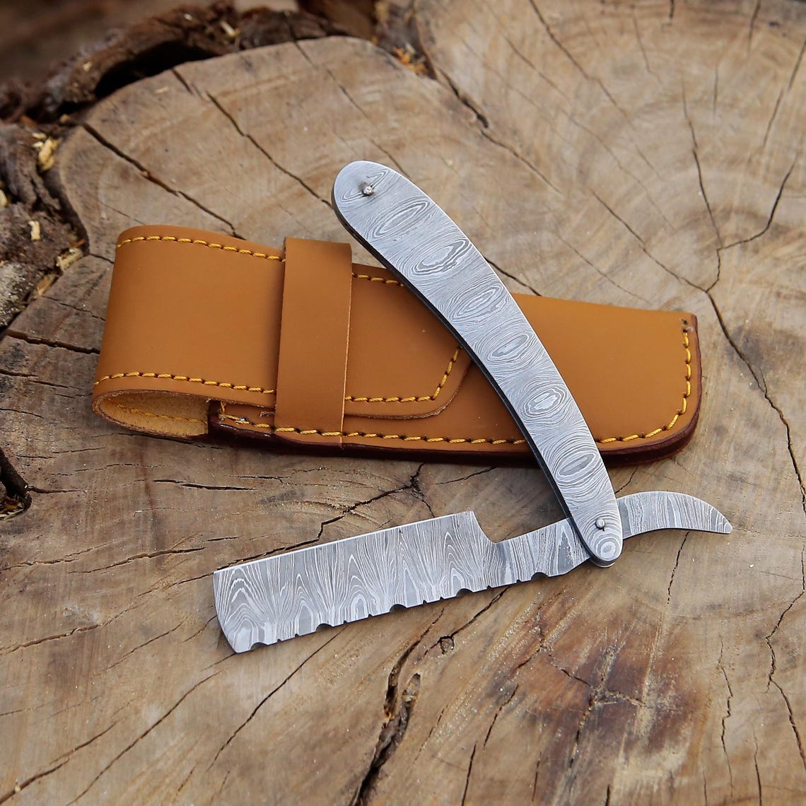 |NB KNIVES| Custom Handmade Lot Of 5 Damascus Steel Straight Razors With Leather Sheaths