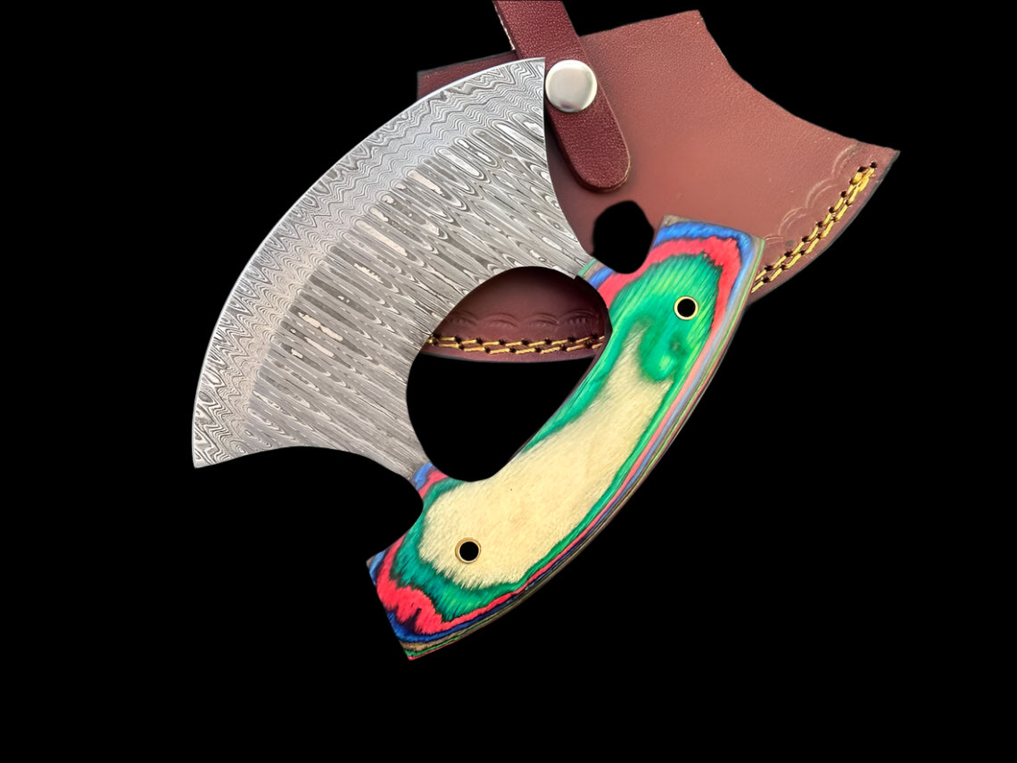 Custom Handmade Damascus Steel Ulu Knife Handle Hard Wood With Leather Sheath Handmade Ulu Butcher Tool
