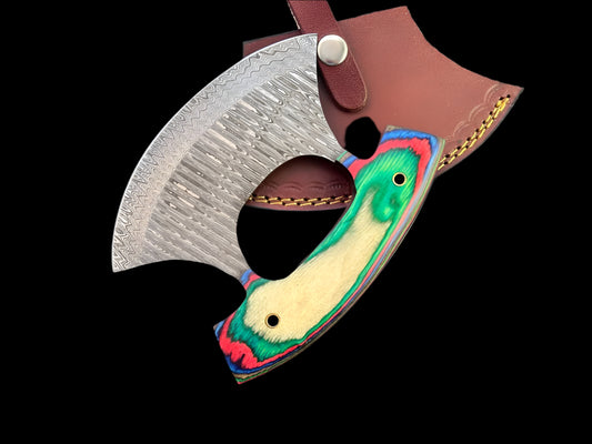 Custom Handmade Damascus Steel Ulu Knife Handle Hard Wood With Leather Sheath Handmade Ulu Butcher Tool