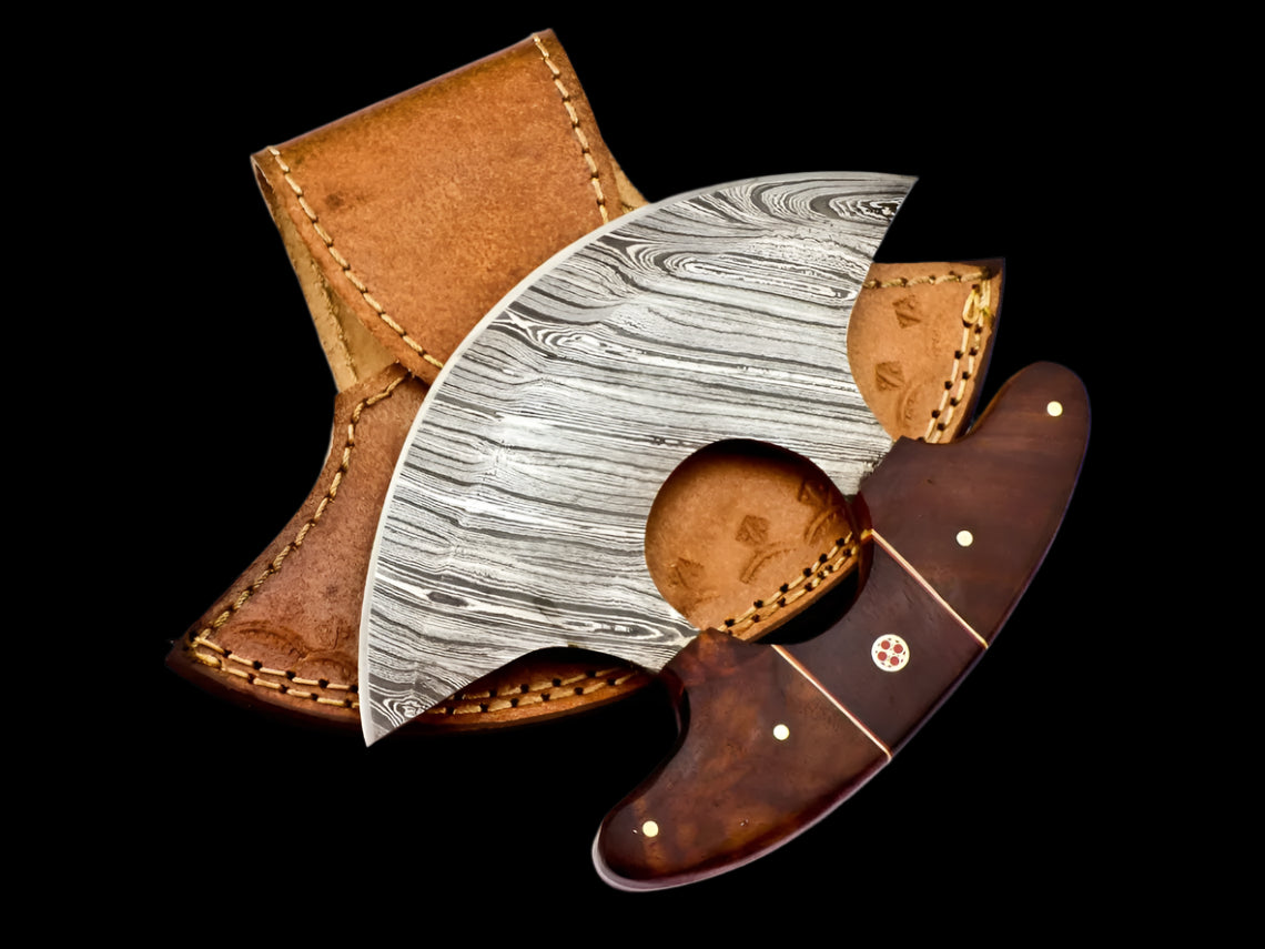 Custom Handmade Damascus Steel Ulu Knife Handle Rose Wood With Leather Sheath Versatile Ulu Chopping Blade Compact Ulu For Cooking
