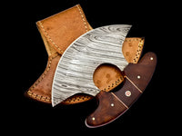 Custom Handmade Damascus Steel Ulu Knife Handle Rose Wood With Leather Sheath Versatile Ulu Chopping Blade Compact Ulu For Cooking