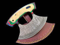 Custom Handmade Damascus Steel Ulu Knife Handle Hard Wood With Leather Sheath Handmade Ulu Butcher Tool